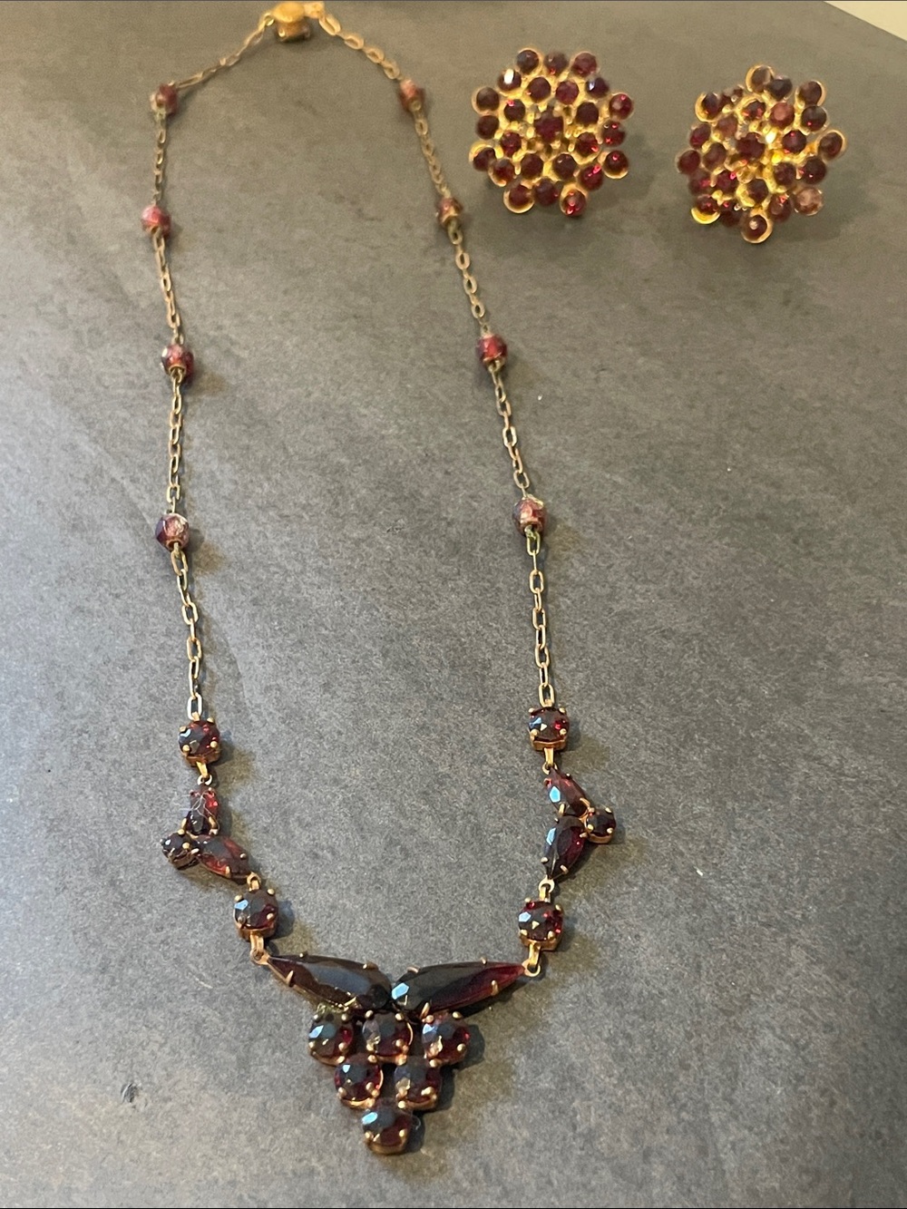 Gold-Tone Garnet Red Crystal Necklace and Clip on Earrings Set